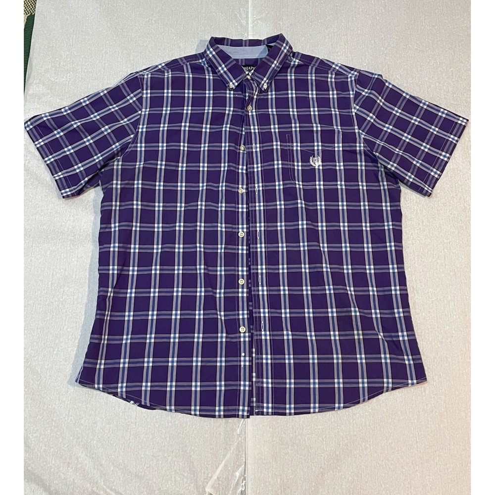 Chaps Purple White Checkered Plaid Mens Short Sleeve Crest Shirt XL